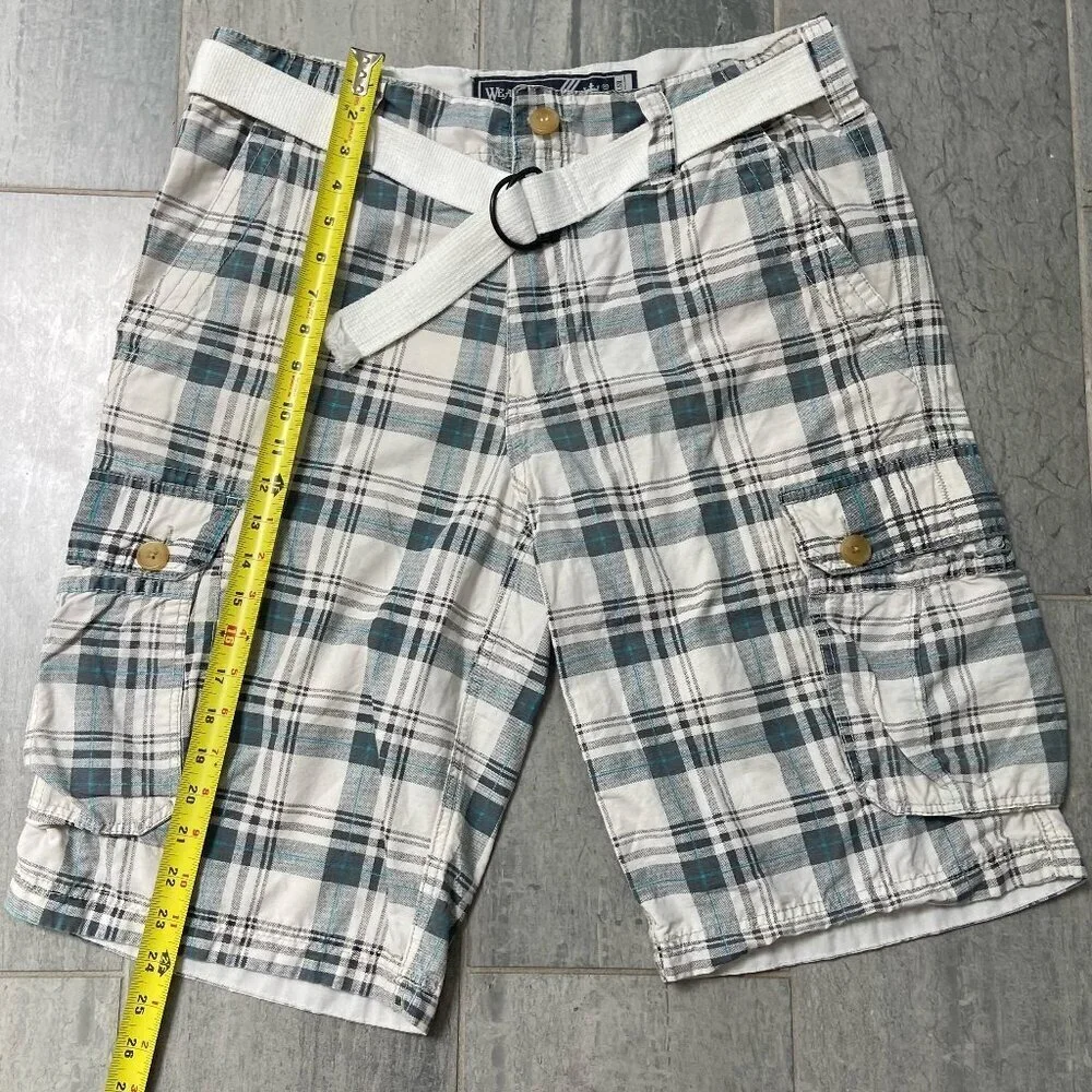 Wear First Flat Front Belted Cargo Shorts – Off‑White/Gray Plaid, Men’s Size 34